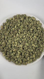 PUFFY LA Kush Cake (smalls) is an indica-dominant hybrid THCa strain, created from the legendary pairing of LA Confidential and Wedding Cake. The aroma opens with rich earthy notes, smoothly layered with a creamy softness and finished by a refreshing hint of mint. Visually, dense green buds shimmer with resin, highlighted by orange pistils and frosty trichomes. Consumers often report a soothing body relaxation, uplifted mood, gentle mental clarity, and a noticeable boost in appetite.