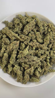PUFFY Governmint Oasis is a balanced hybrid THCa strain, created by crossing GMO and Gush Mints. The aroma presents a funky, buttery richness layered with fresh, herbal undertones for a distinctive and savory scent. Visually captivating, the buds feature a mix of rich forest green and vibrant purple shades, dusted with frosty white trichomes and highlighted by bold, crimson pistils. Consumers often experience a calming body high accompanied by euphoria, tingling sensations, and an uplifted, clear-headed moo