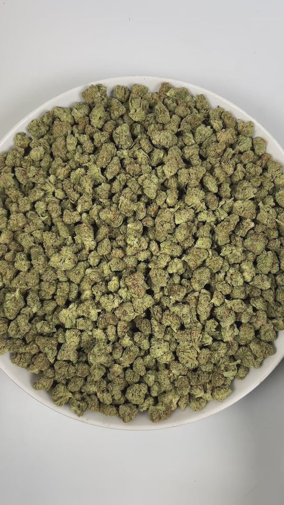 PUFFY Garlic Banana (smalls) is an Indica-dominant hybrid THCa strain born from the flavorful cross of Garlic Cookies × Black Bananas. The aroma comes through with a bold blend of sweet banana layered over sharp garlic notes, rounded out by a deep, musky undertone. Visually, the resinous buds feature forest-green and purple tones, bright orange pistils, and a frosty trichome coating. Consumers often report a burst of uplifting, euphoric creativity that gradually melts into a soothing full-body calm, gently 