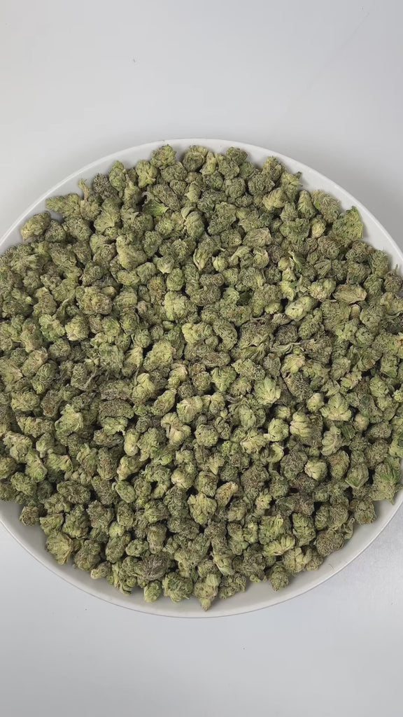 PUFFY Luxor (smalls) is an indica-dominant hybrid THCa strain, crafted from the unique union of Triangle Kush and SinMint Cookies. The aroma is a zesty burst of lime, layered with warm woody undertones and a subtle gassy note, creating a bold, energizing, and slightly earthy fragrance. Visually, dense deep green buds with purple hues and fiery orange pistils are coated in sticky trichomes. Consumers often report experiencing euphoria, an uplifted mood, heightened creativity, and a state of relaxed, focused 