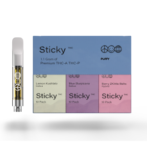 Flavorful and potent, Sticky by PUFFY offers a range of vaporizers infused with juicy terpenes, high-quality oil, and competitive prices. Sticky’s blend of THC-A and THC-P delivers intense effects and yummy flavors. Product Highlights: When heated, THC-A converts into delta-9 THC THC-P is 33x stronger than Delta-9 THC No artificial flavors or colors No cutting agent and zero traces of MCT, VG, PG, or Vitamin E.